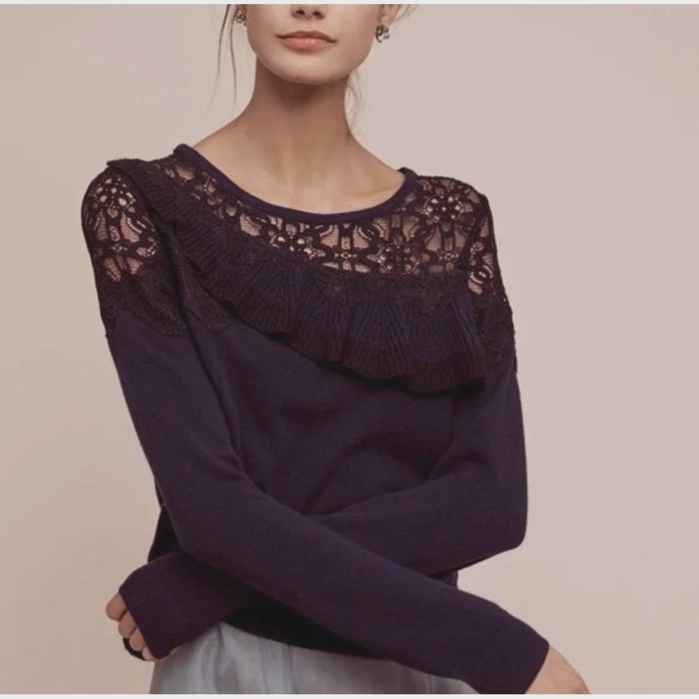 Anthropologie Knitted & Knotted Navy Blue Lace Ruffle Cashmere‎ Blend Sweater M